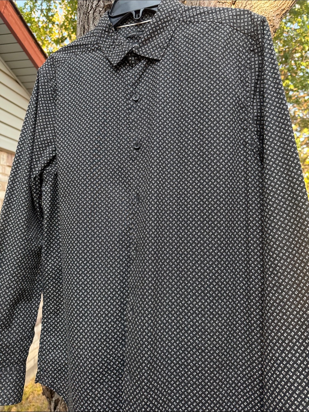 Kenneth Cole Black Button-Down Shirt with White Micro Geometric Print